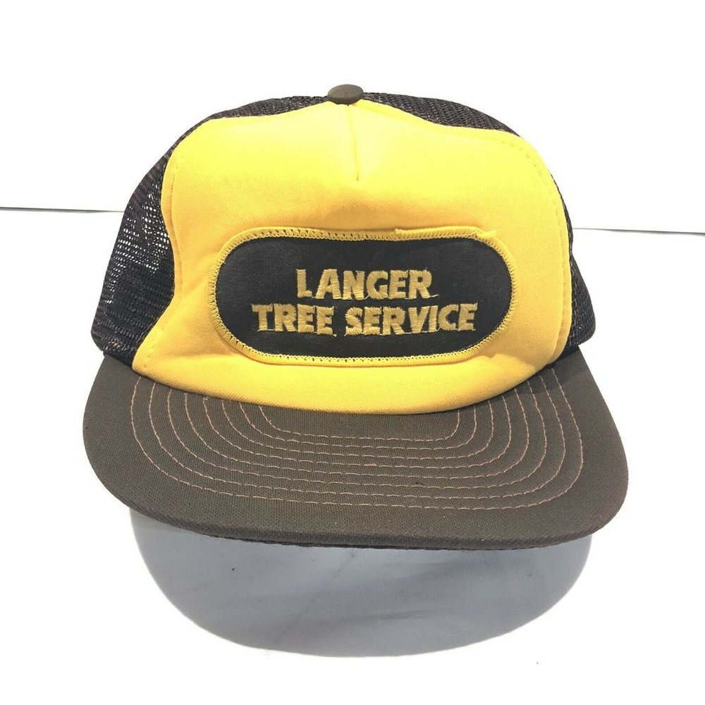 Vintage Langer Tree Service Mesh Trucker Hat Cap SnapBack Brown Yellow Eastern